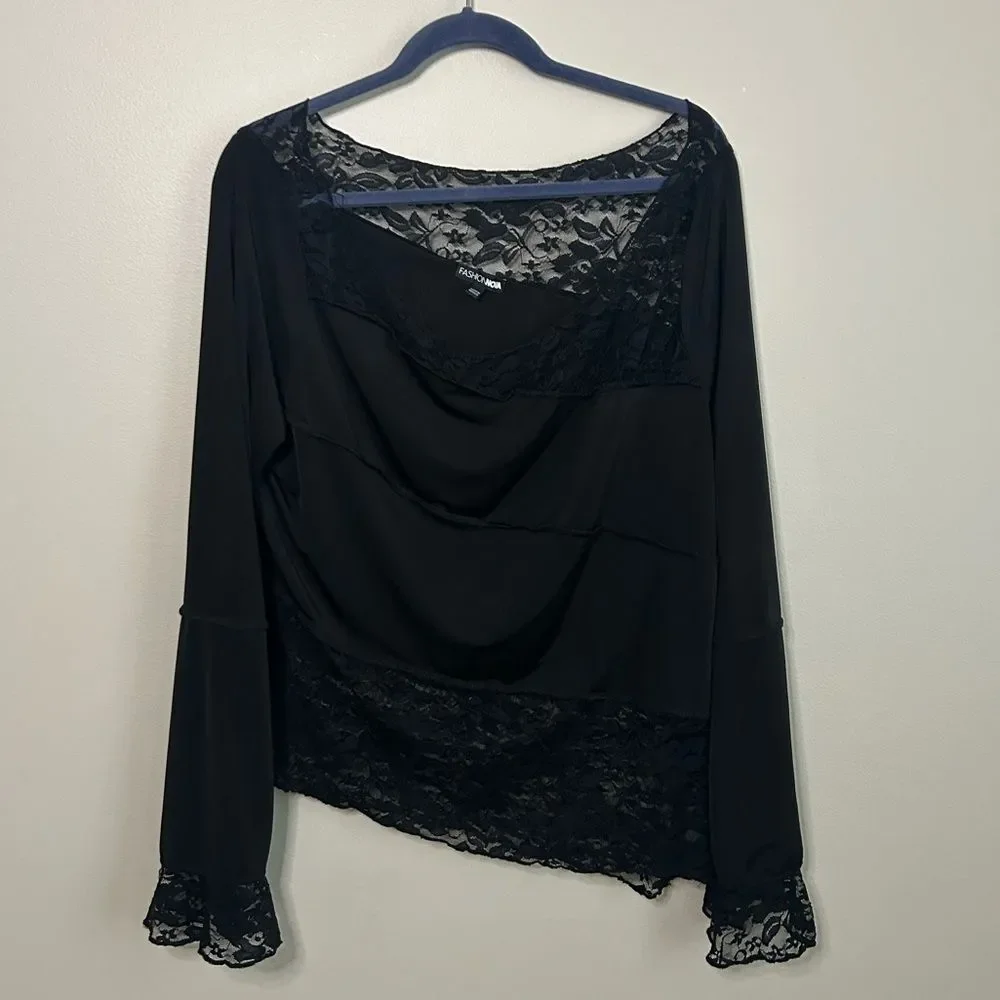 Fashion Nova Black Secrets Out Asymmetrical Lace Long Sleeve Top Size 3X